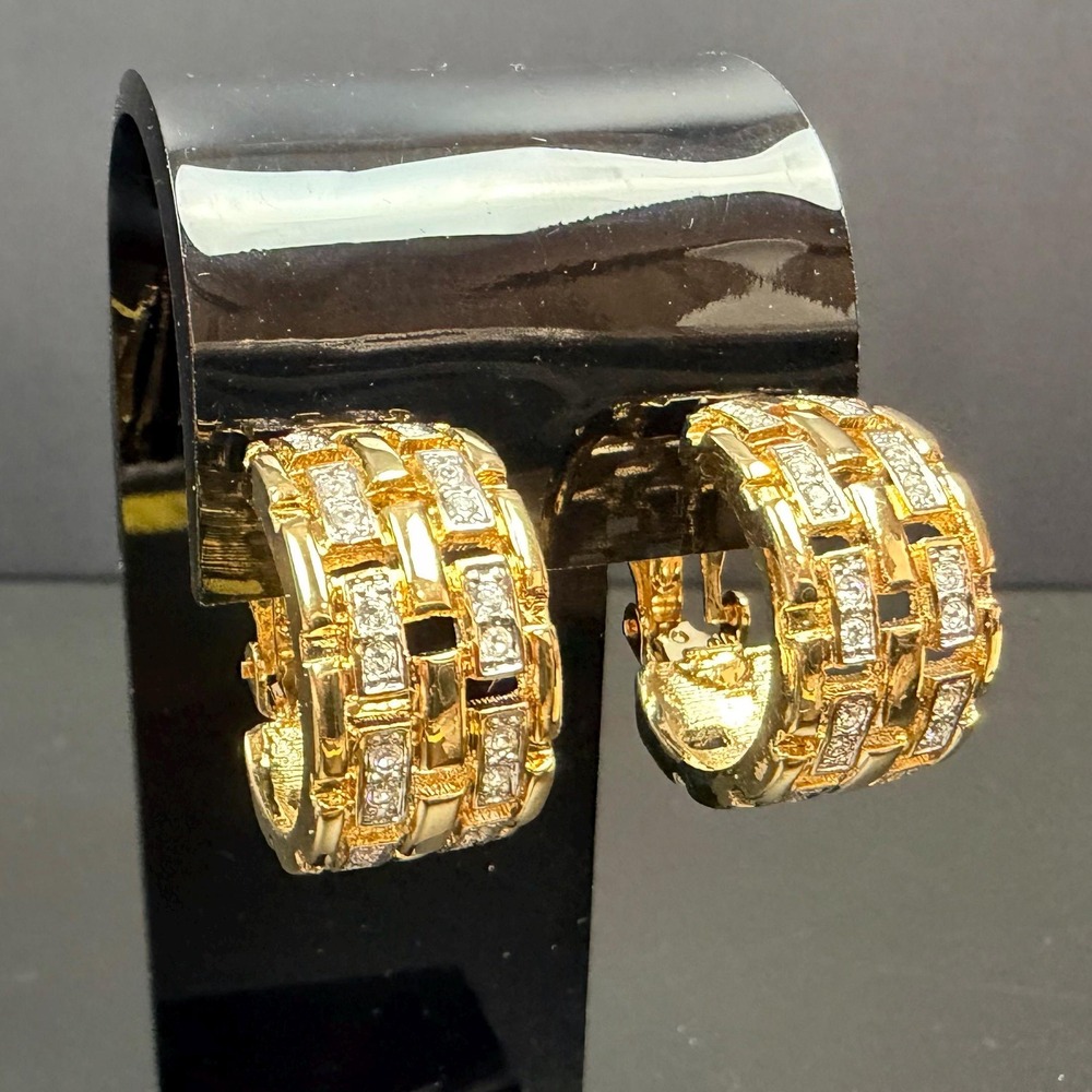 Rhinestone Pave Half Hoop Clip On Earrings Gold Tone Panther Link 1980s